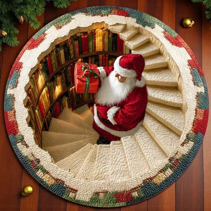 VIKAMA 3D Santa Snow round Rug Non-Slip Christmas Floor Mat Soft Illusion Carpet for Living Room Home Xmas Decor