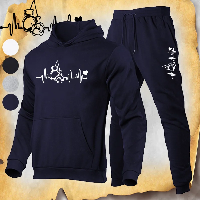 

Street Heartbeat Boxing Print Hoodie Set Popular Casual Warm Sweatshirt Set Fashion Hoodie + Sweatpants 2 Piece Set