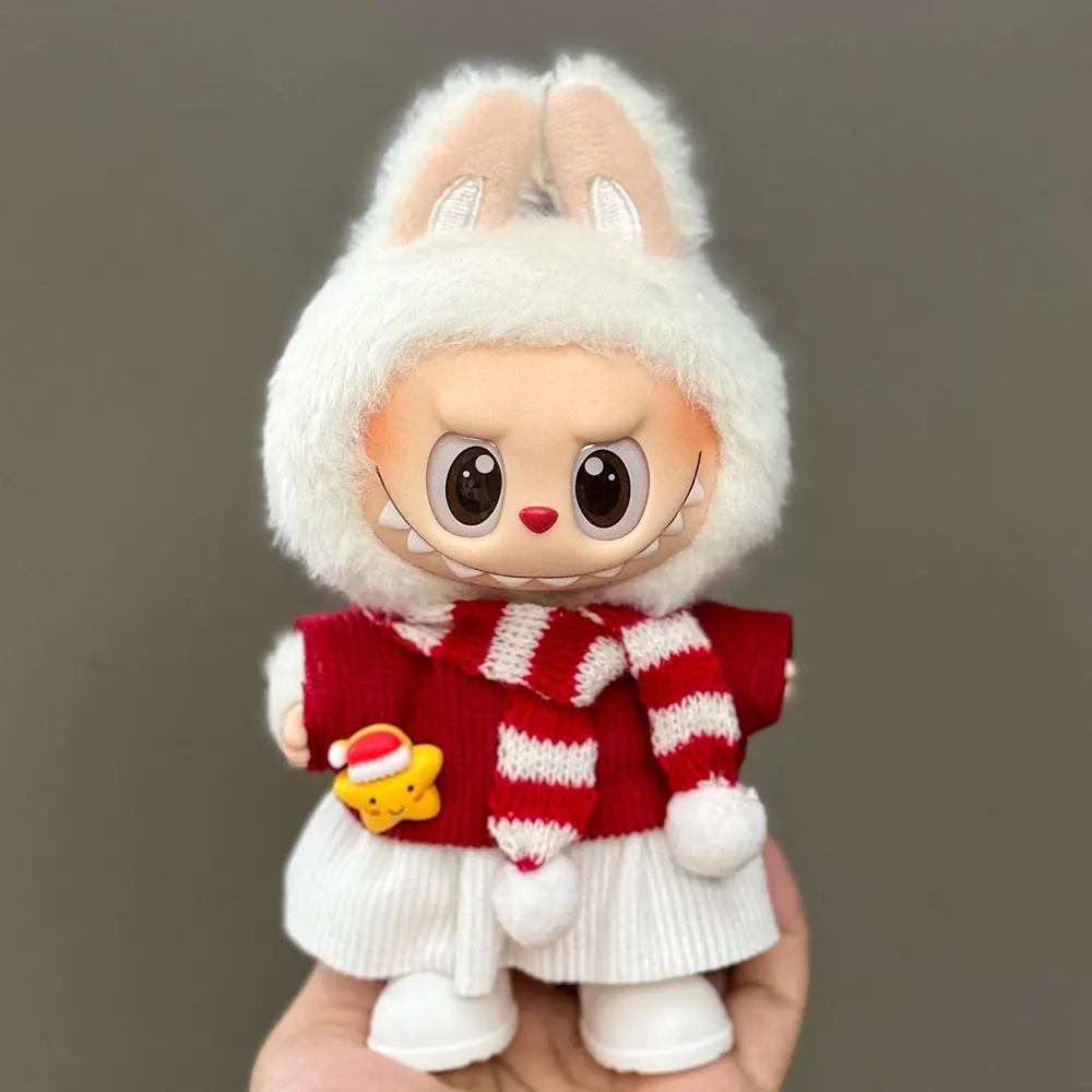 Vêtements de poupée Labubu, pull, chapeau et écharpe de noël rouge, 17cm, chaussures, accessoires de bricolage
