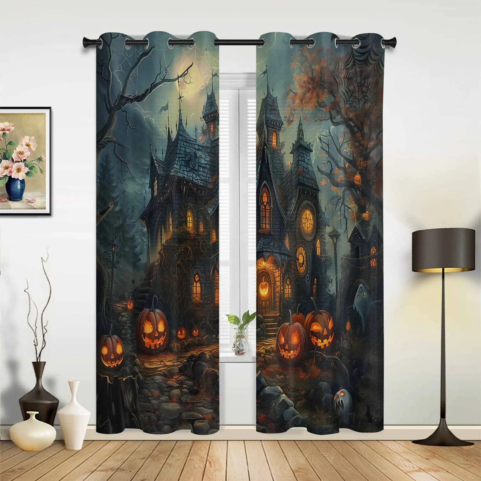 Halloween Castle Pumpkin Retro Bat Grove Modern Panels Hall Curtains for Living Room Bedroom Window Curtains Hotel Drapes