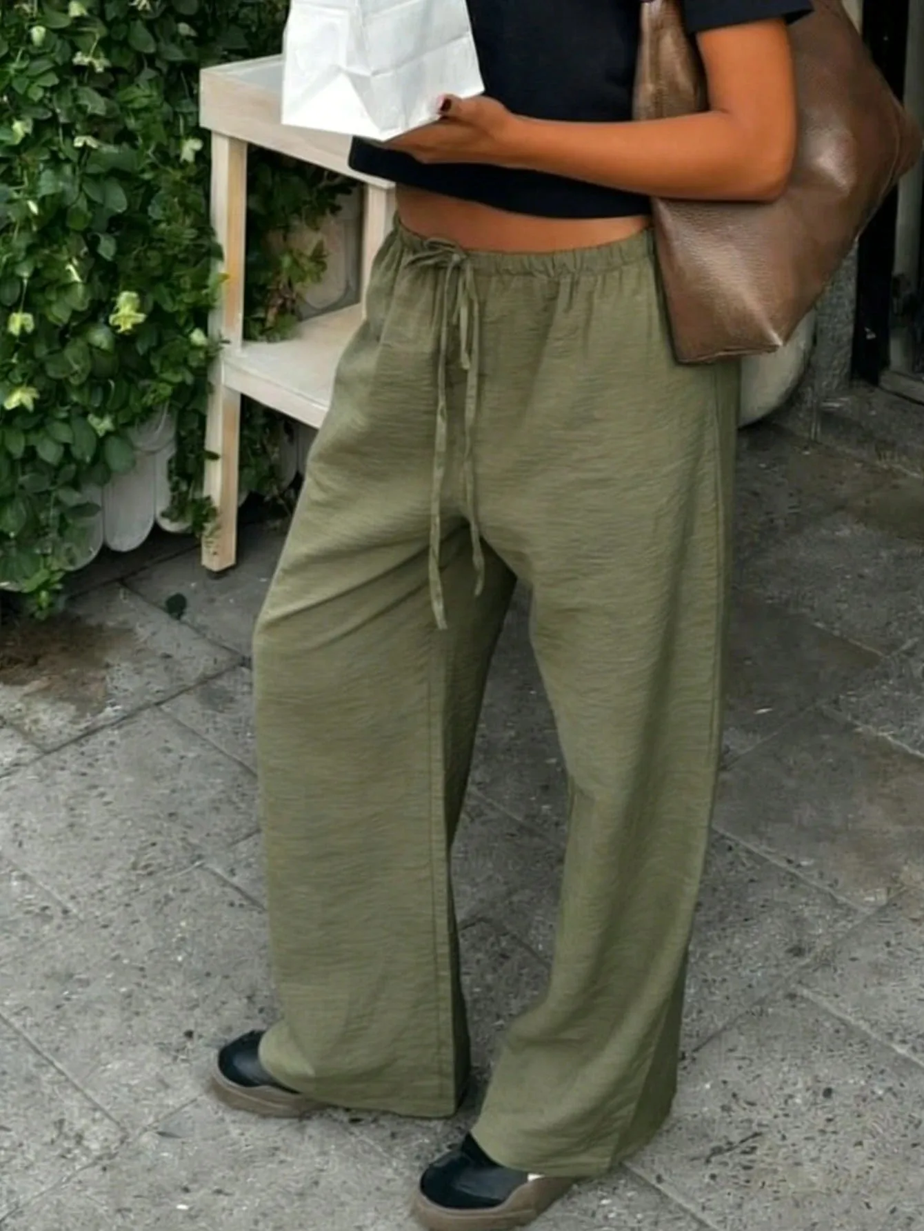 Autumn New Women Textured Wide Leg Pants Y2K High Street Elastic Waist Drawstring Trousers Casual Loose Straight Leg Sweatpants