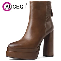Aucegi Black Brown Platform Thick High Heels Ankle Boots Women Autumn Winter New Arrival Luxury Pointed Toe Side Zip Footwear