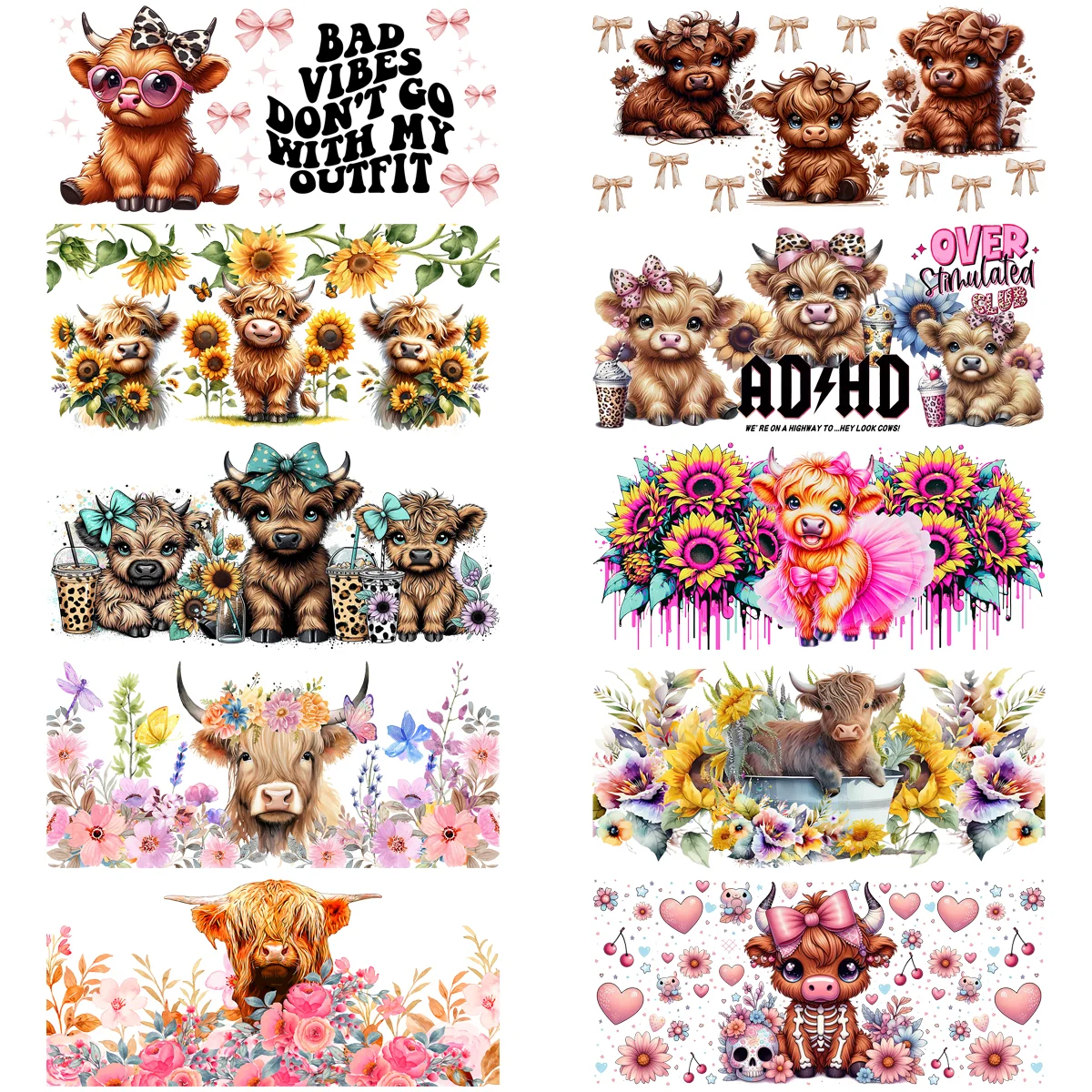 

Highland cattle series Easy peel waterproof DIY Decals 3D transfers uvdtf crystal stickers 16oz uv dtf cup wraps for Glasses