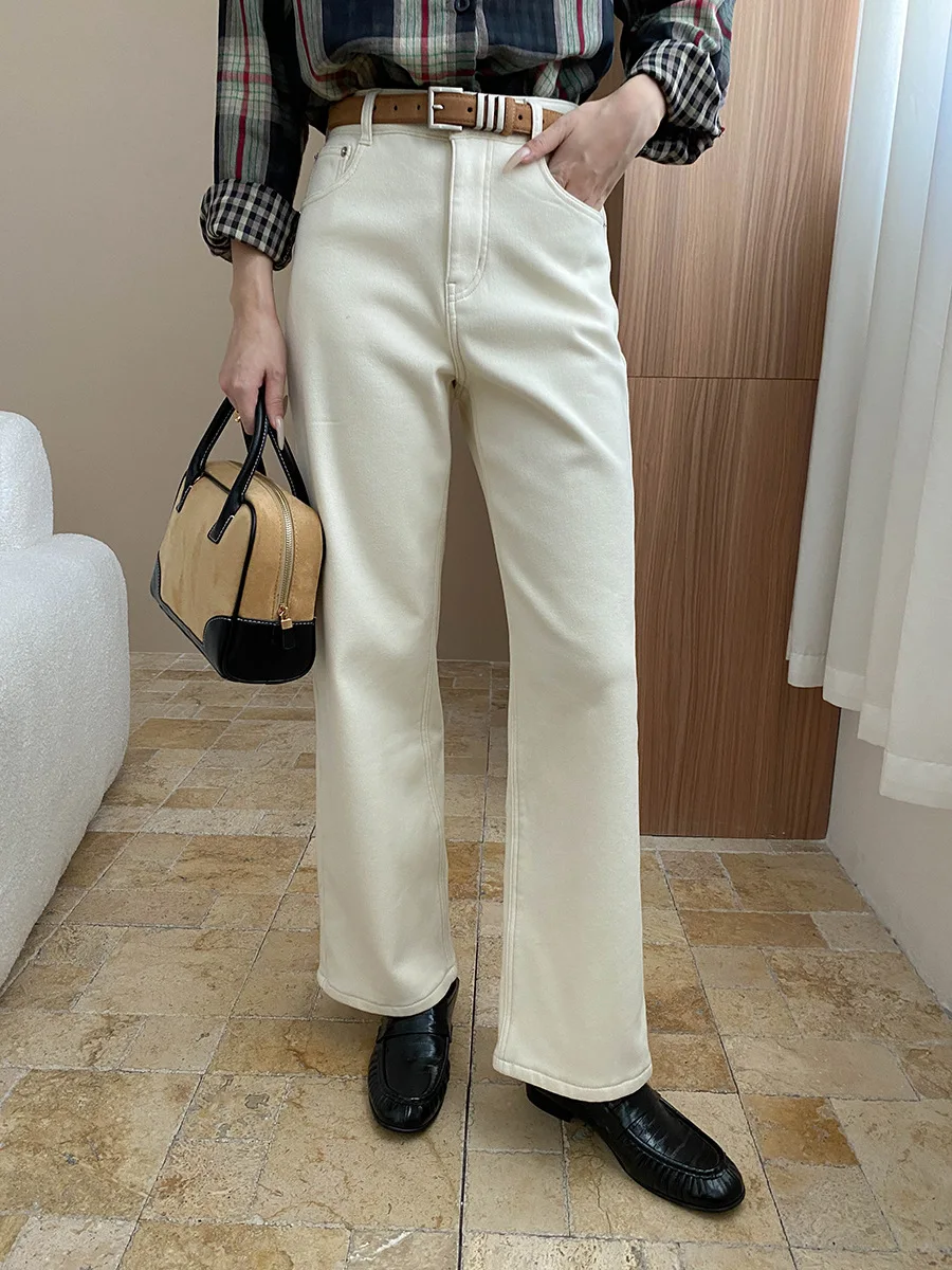 

2025 модные прямые женские брюки кремового цвета, осень и зима, бархатные джинсы