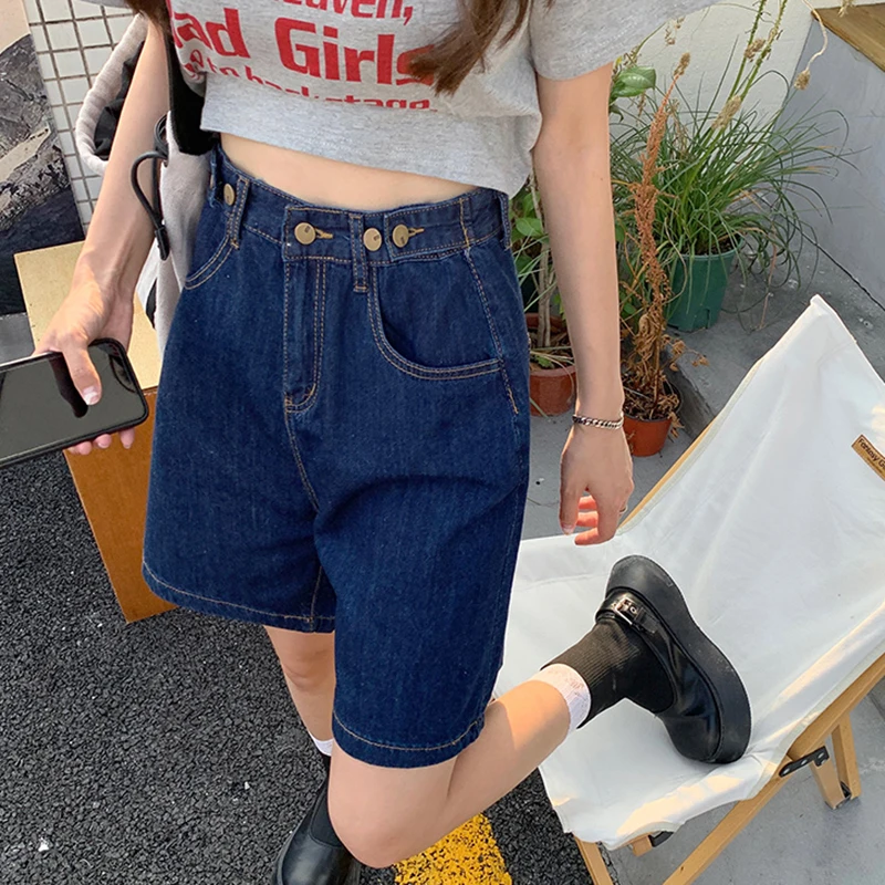 

Retro High Waist Wide Leg Denim Shorts Women's Summer Fashion plus Size Loose Fit Five Inch Hot Pants for Plump Sisters
