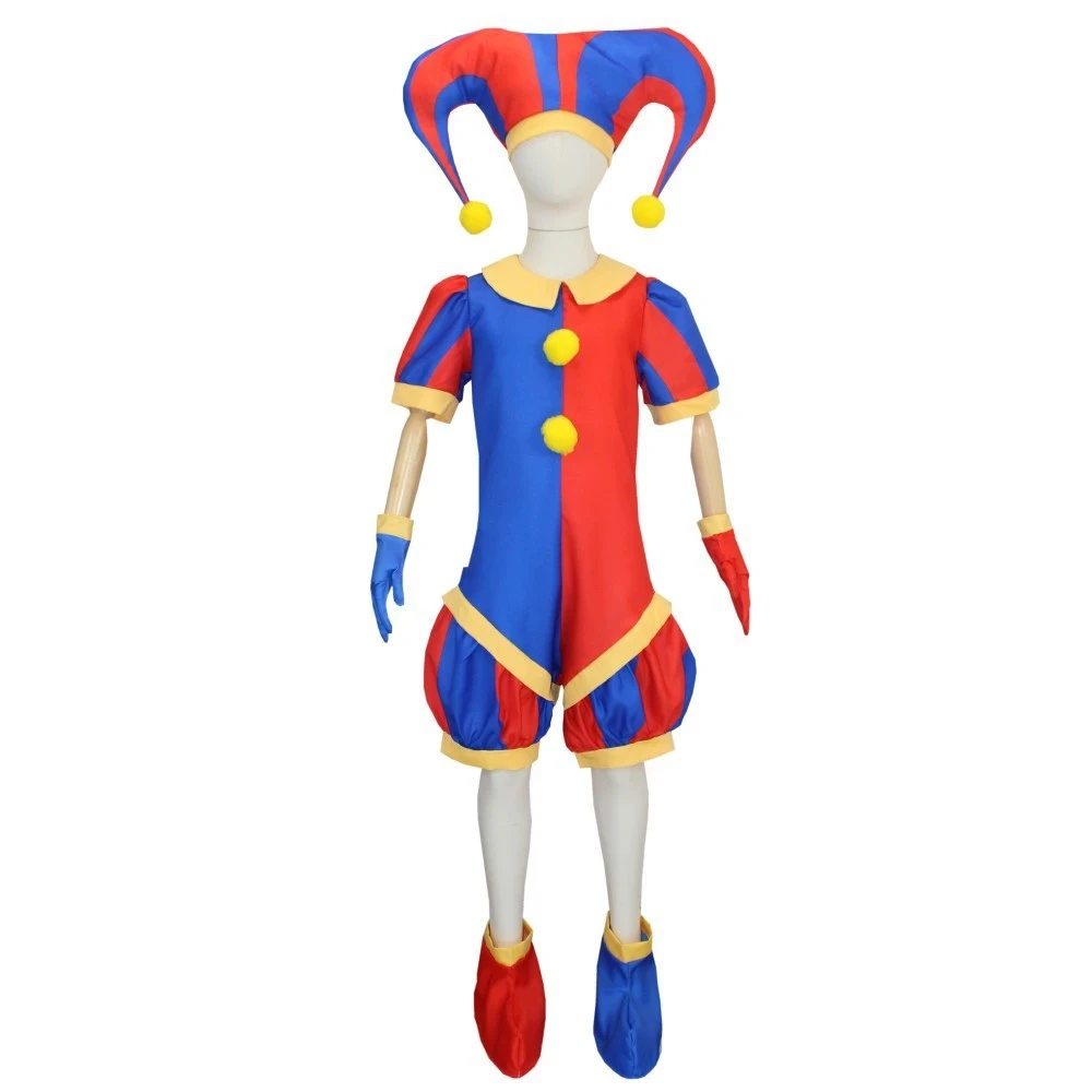 Jester Clown Costume Red Blue Color Block Jumpsuit With Hat Gloves Shoe Covers Halloween Carnival Party Fancy Dress Outfit