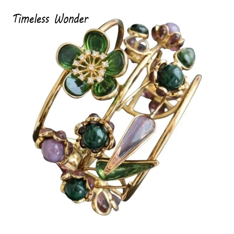 

Timeless Wonder Fancy Zircon Geo Glass Floral Cuff Bangles for Women Designer Jewelry Punk Goth Runway Luxury Top Rare Mix 4526