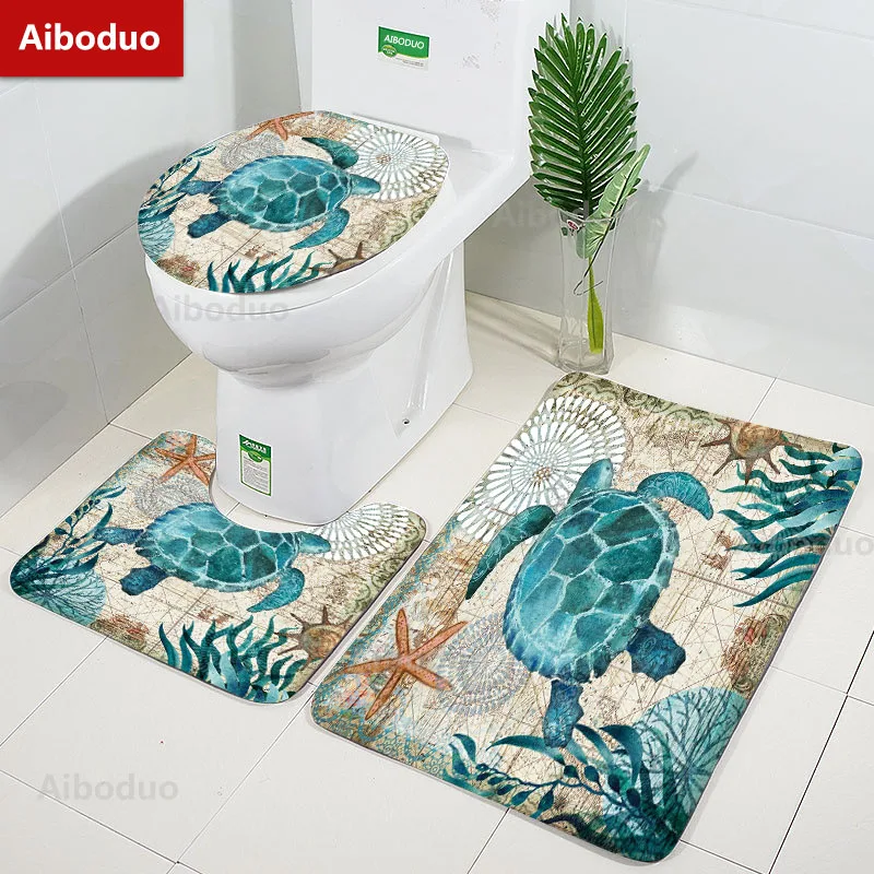 

Vintage Marine Life Pattern Bathroom 3Pcs/set Mat Home Flannel Decorations Accessories Sea Turtle Floor Rug Toilet Cover 40*60CM