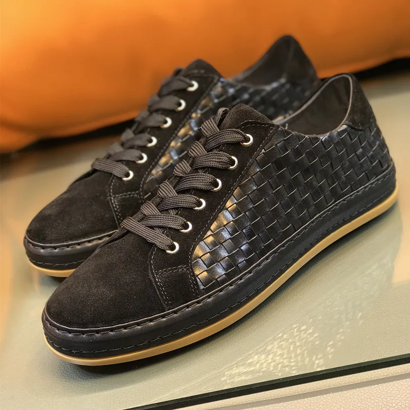 Black Woven Splicing Shoes Breathable Leather Lace-Up Casual Shoes Trendy Fashionable and Comfortable Sneakers for Men