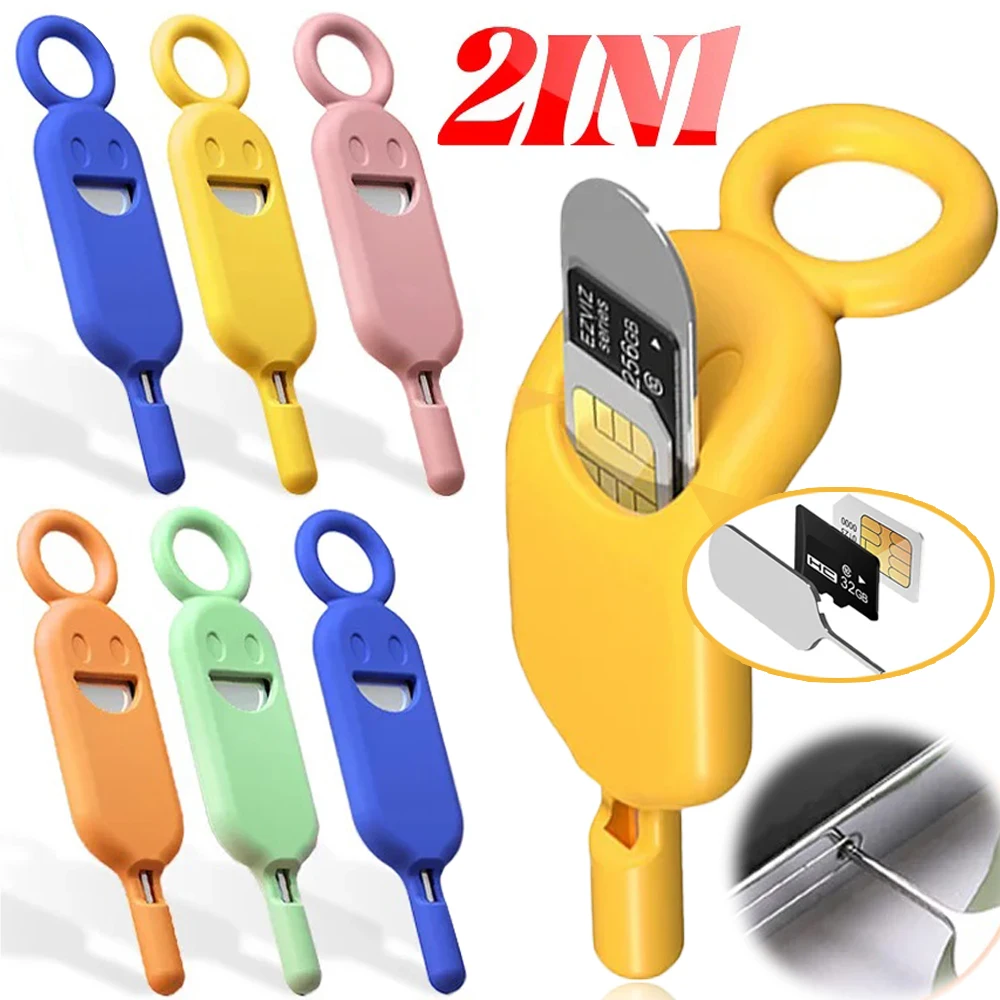 Portable 2 in 1 SIM Card Removal Tool Tray Ejector Needle Pin Opener Anti-lost Phone SIM TF Card Storage Case Charm Keychain