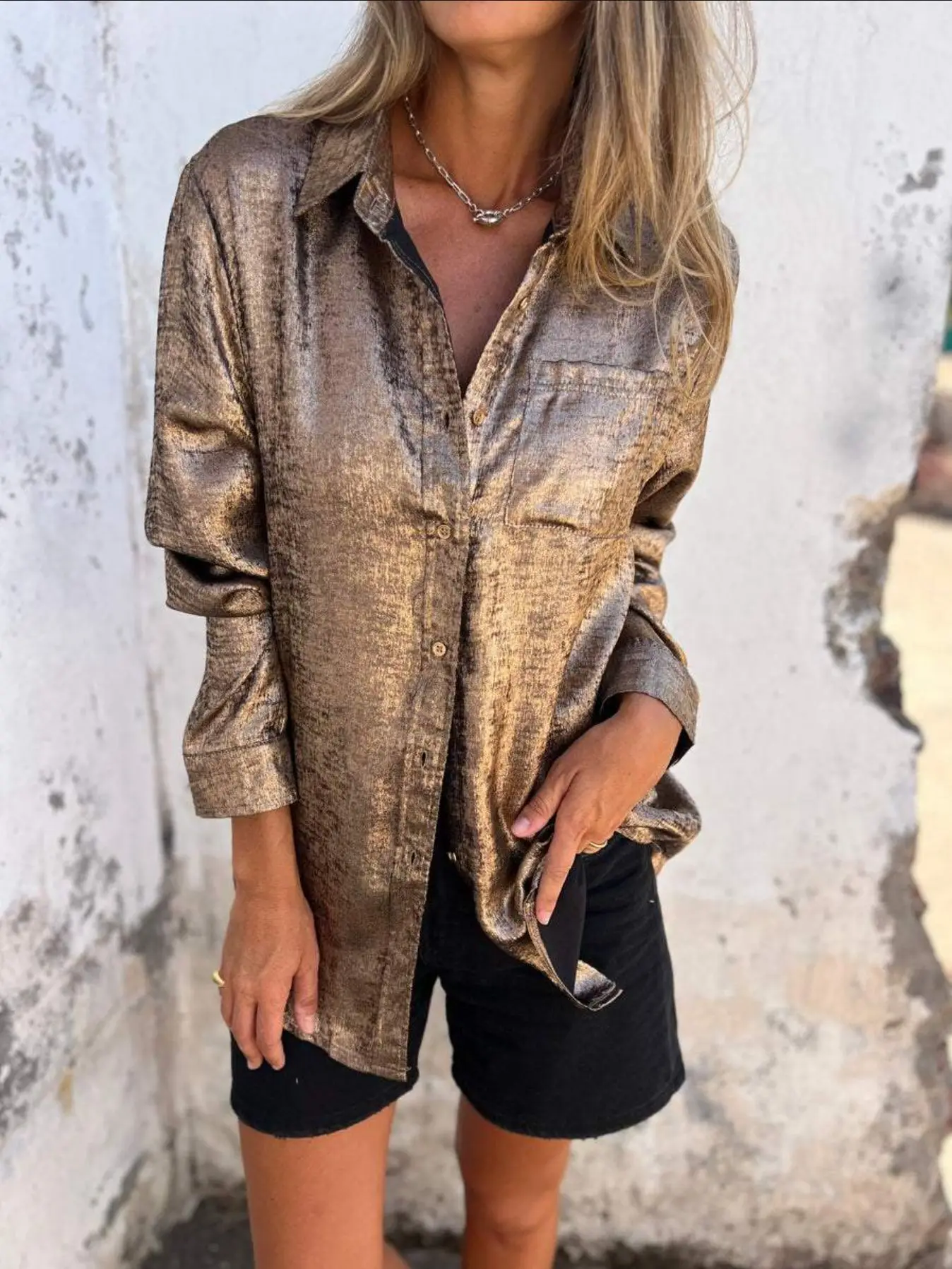 

Women Shinny Golden Long Sleeved Fashion Blouse Vintage Solid Loose Shirt 2026 Spring Summer Casual Top Streetwear Blusa Camisas