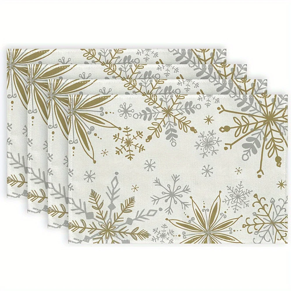 Christmas Snowflake Placemats Set of 4 - Woven Polyester Burlap Table Mats 18x12 for Holiday Home Party Decor, Rectangle - Perfe