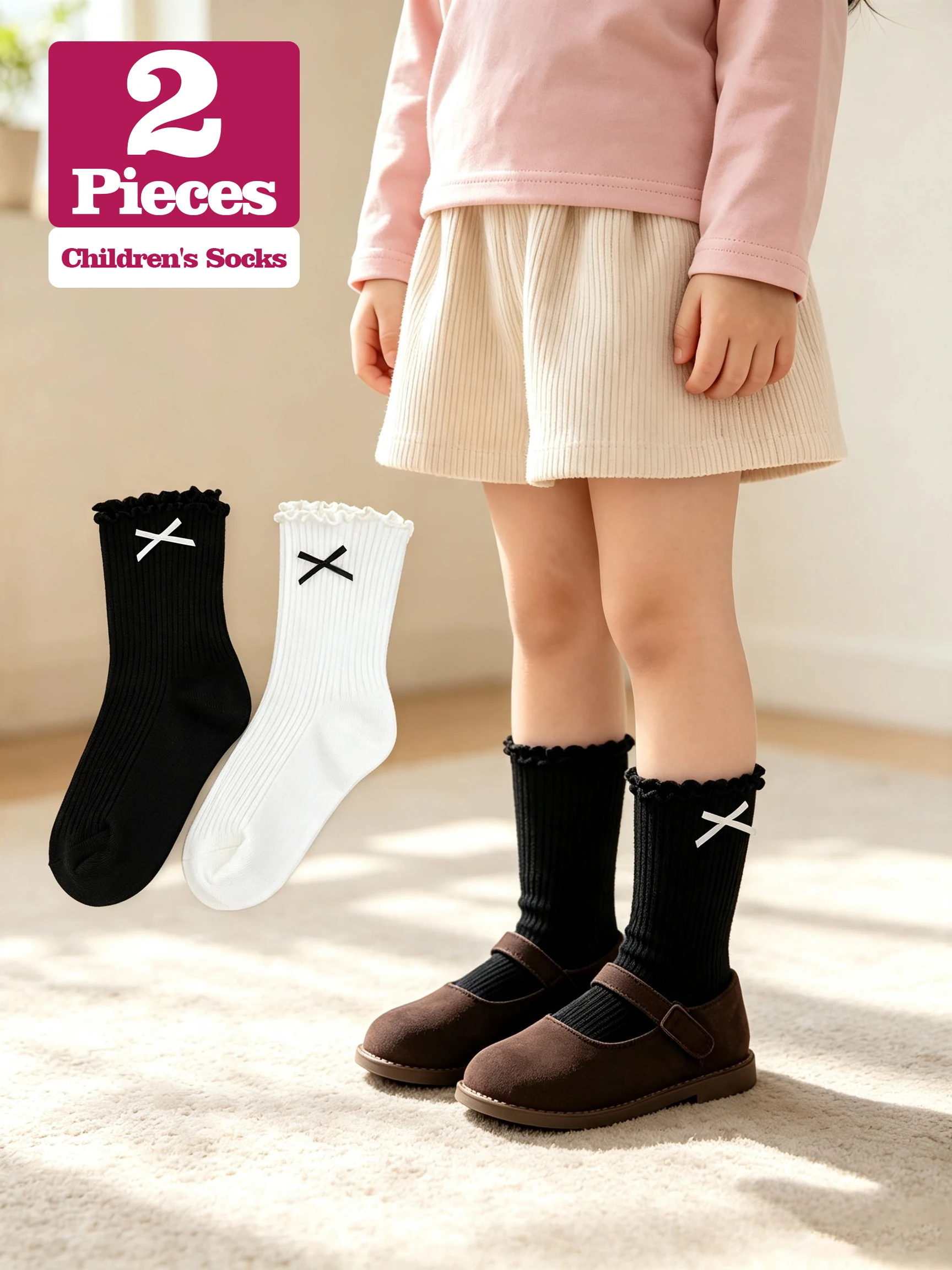 2Pcs Little Girls Mid Calf Socks Rib Knit Satin Bow Ruffle Trim Soft Breathable Solid Socks Daily School Outdoor Matching Socks