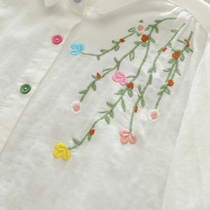Outono dupla camada de algodão manga comprida blusa roupas femininas bordados florzinhas coloridas com camisas e blusas artísticas u133