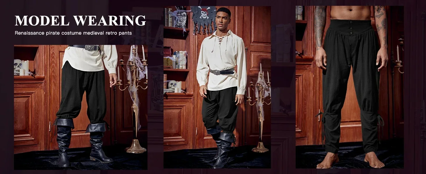 Kapuzenhose im Piratenstil, Wikingerkostüm für Herren, Renaissance-Mittelalterhose, Halloween-Kostüm, Erwachsenen-Cosplay, trendige Streetwear – Detail 3