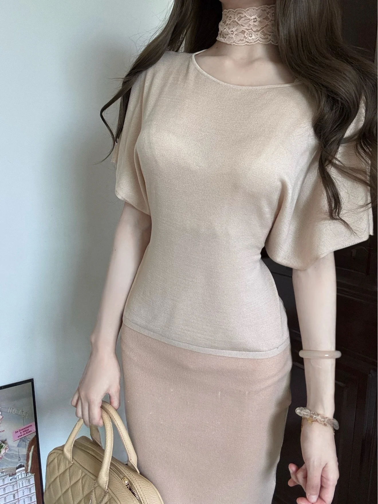 

Slimming T-Shirt And Skirt Set with Lace Sleeves Knitted Tie Waist Spring Fashion Women's High Waist Straight Cut Spring Season