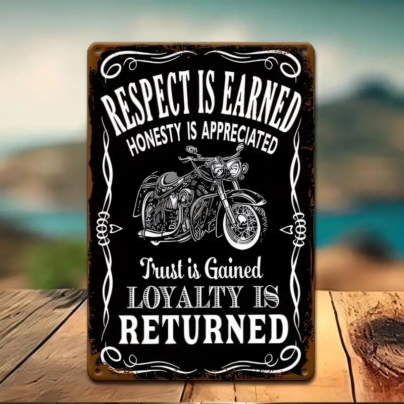 Vintage Metal Tin Sign - Black Retro Motorcycle & Respect Motto Design, Iron Wall Art, Perfect for Biker Garages, Bars, Man Cave
