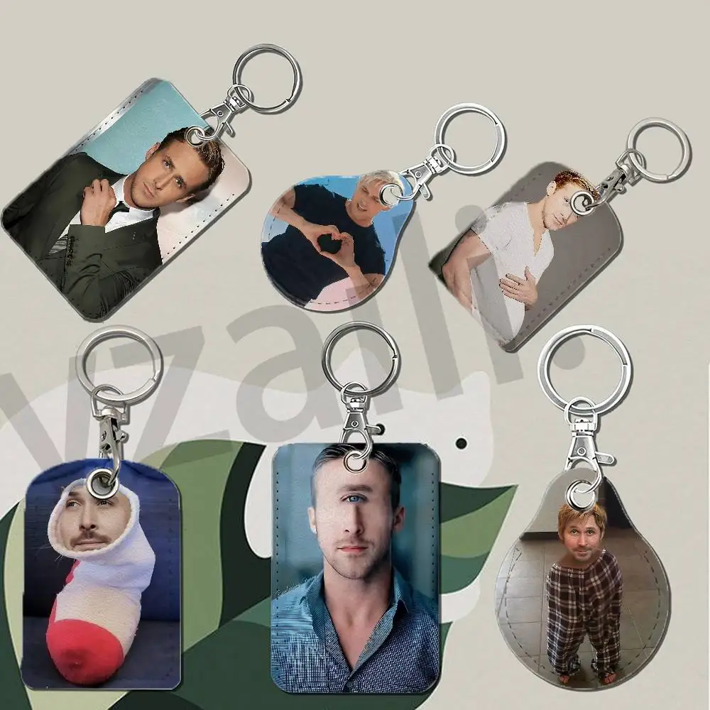 R-Ryan G-Gosling Ken Protective Printed Leather Card Case Metal Keychain for Bank Credit Bus Subway ID Cards