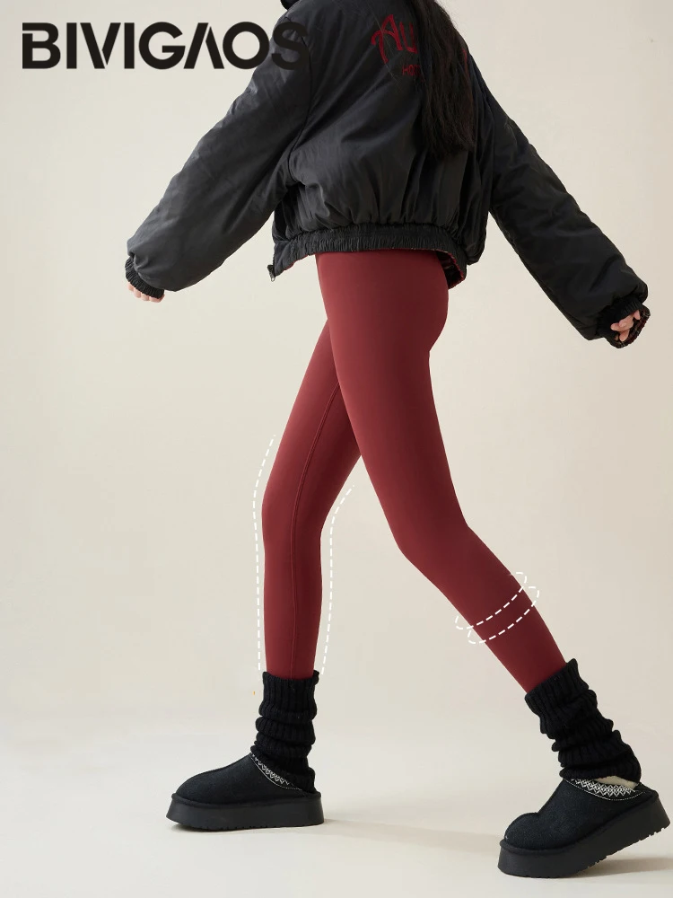 BIVIGAOS 2024 Herbst Winter Neue Rot Warme Haifischhaut Fleece Leggings Frauen Samt Verdicken Hohe Taille Abnehmen Sexy Mode Legging