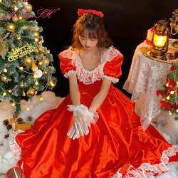 AnXin SH princess Christmas party red satin ruffles white flower lace boat neck puff sleeve bow Antique customized evening dress