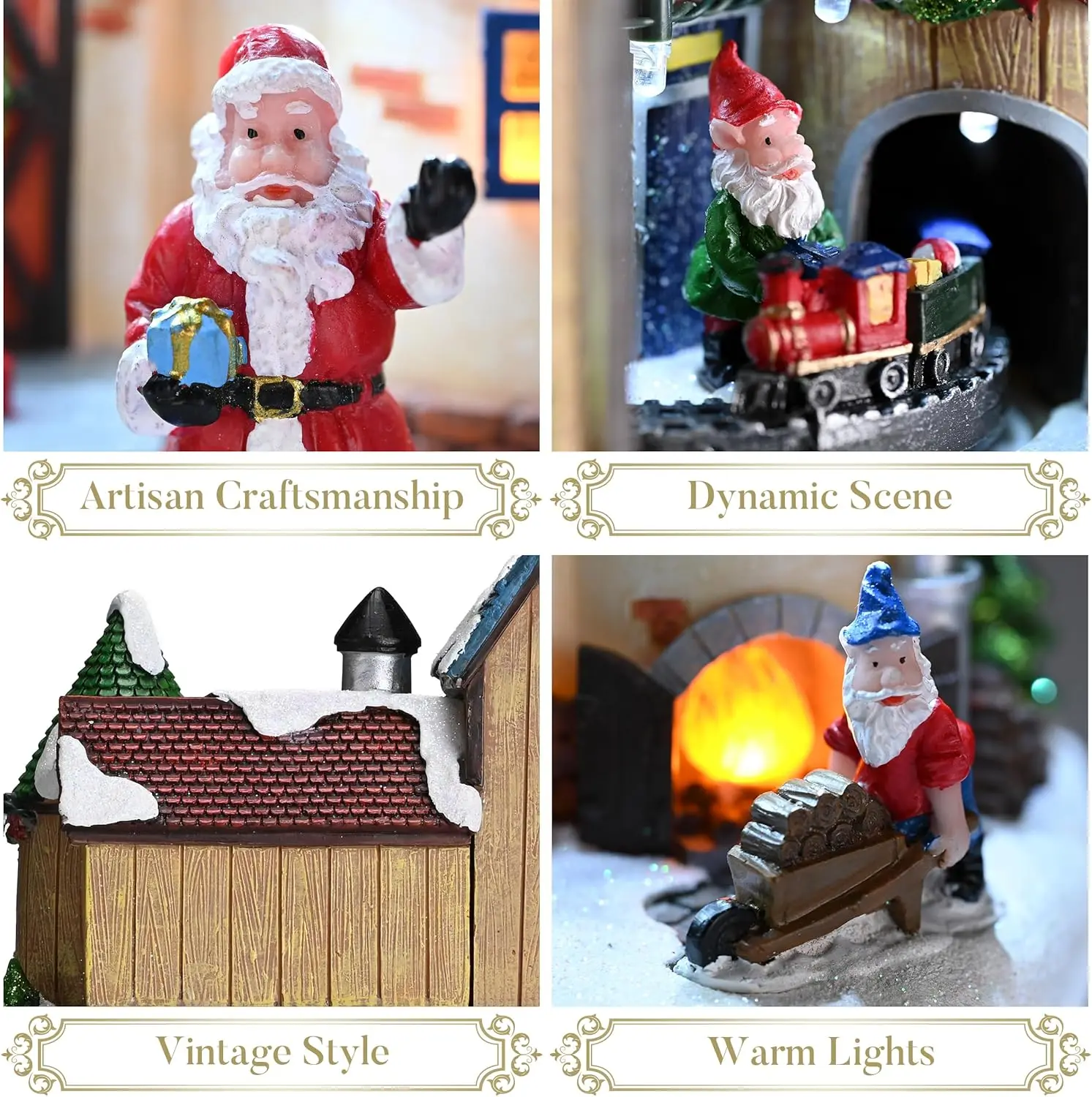 Weihnachtsdorf beleuchtete Weihnachtsmann-Workswerkstattfigur, dynamische Szenen aus Kunstharz, Weihnachtsgeschenk, 25,4 cm große Tischdekoration