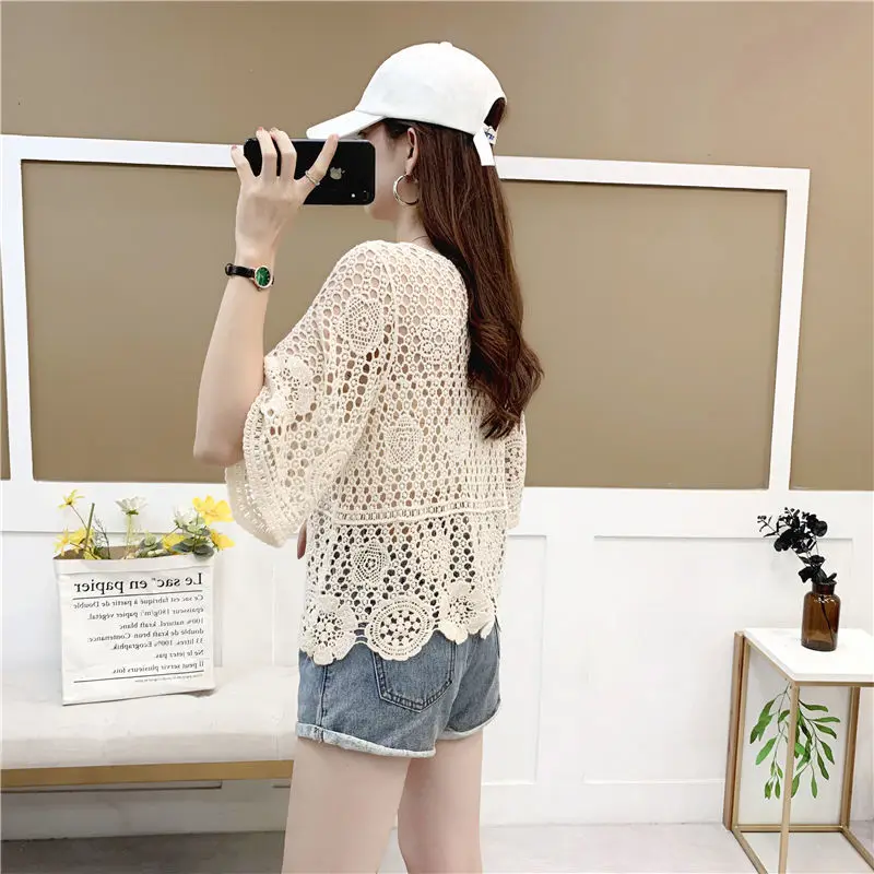 Summer Fashion New Round Neck Five-point Sleeve Pullover Handmade Sweater Korean Version Knitted Hollow Solid Color Top Female