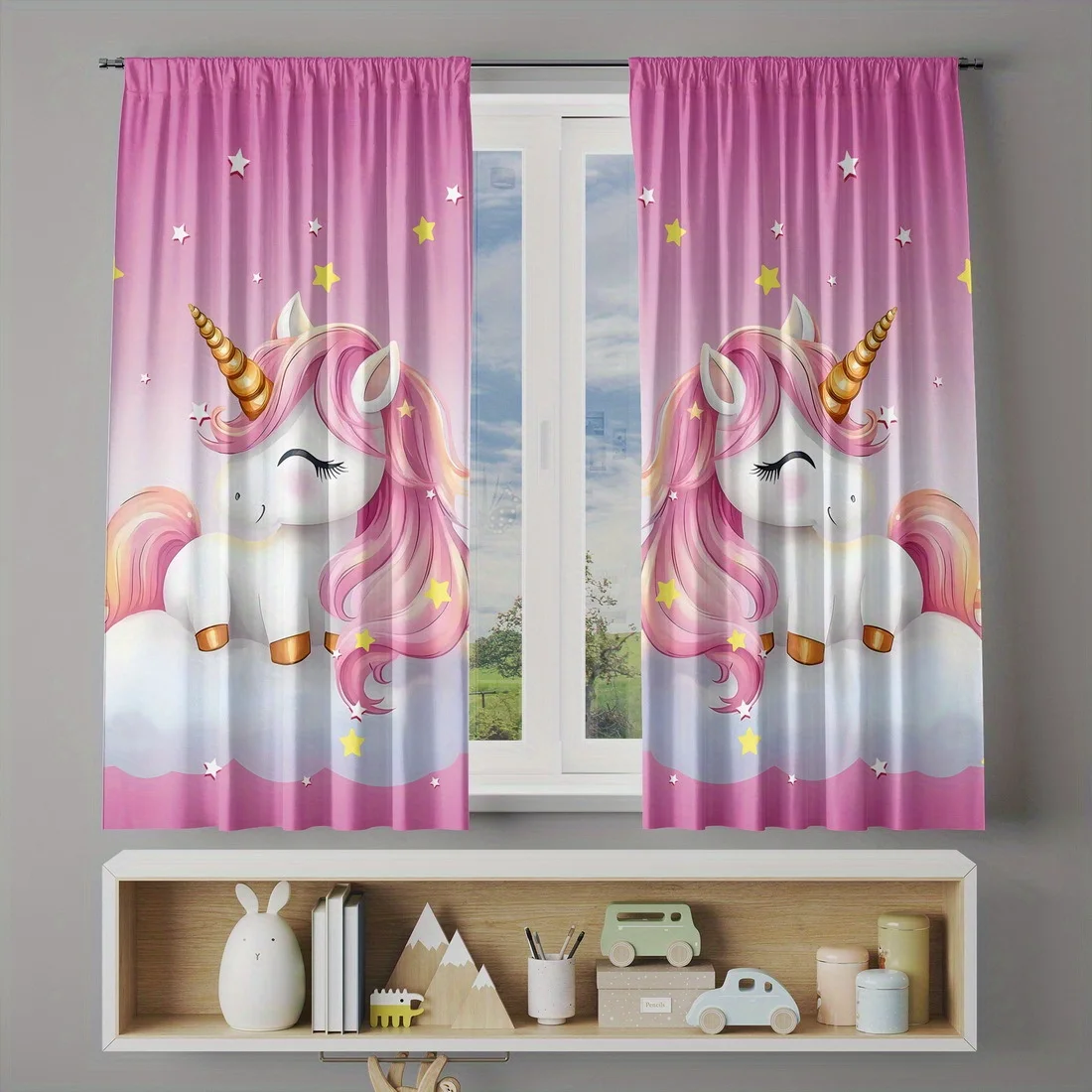 Set of 2 Curtain Fabrics Featuring Adorable Unicorn Designs, Perfect for Windows. These Blackout Curtains Provide Insulation And