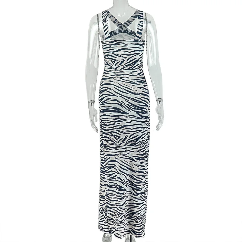 Damen Zebra-Print Bodycon Maxikleid mit Kreuzträgern, Neckholder, Ärmellos, Rückenfrei, Figurbetont, Langes Partykleid, Nachtclub-Streetwear – Detail 9