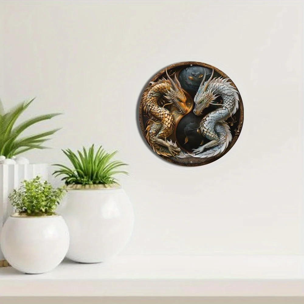 Tanda datar aluminium bulat 2D, dekorasi pintu seni dekorasi naga, seni dinding gantung, ornamen gantung, kamar, rumah, dekorasi dinding