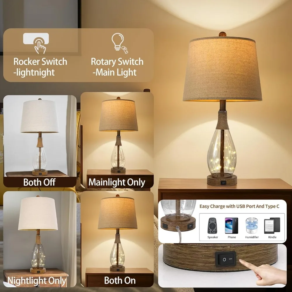 

23" USB A+C Table Lamp Sets of 2 Modern Bedside Lamps Retro Farmhouse Rattan for Bedroom Living Room Dorm,Two Light Points