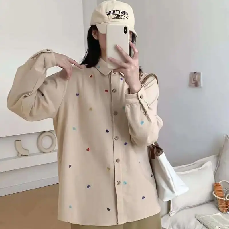 Original design colorful heart-shaped pattern blouses long sleeve shirts for women Korea fashion thicken warm backing shirts