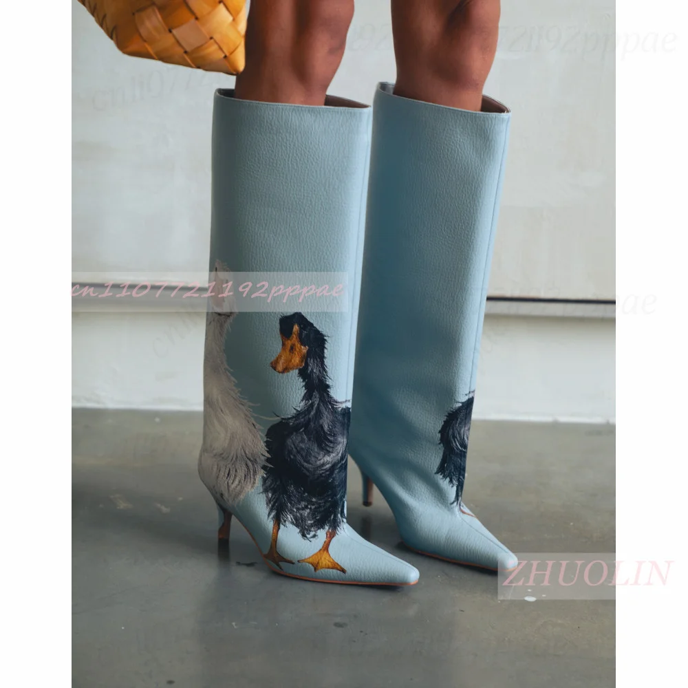 Women Artistic Bird Print Knee High Boots Pointed Toe Thin Heel Pull On Light Blue Fall Winter Statement Fashion Dressy Shoes 43