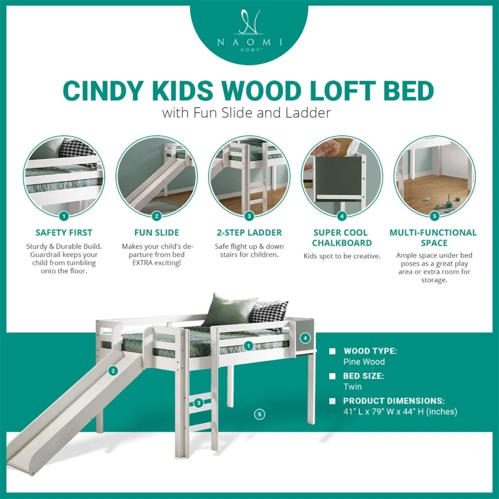 Home Cindy Kids Loft Bed with Slide, Twin Loft Bed with Slide, Toddler Loft Bed with Slide, with Ladder