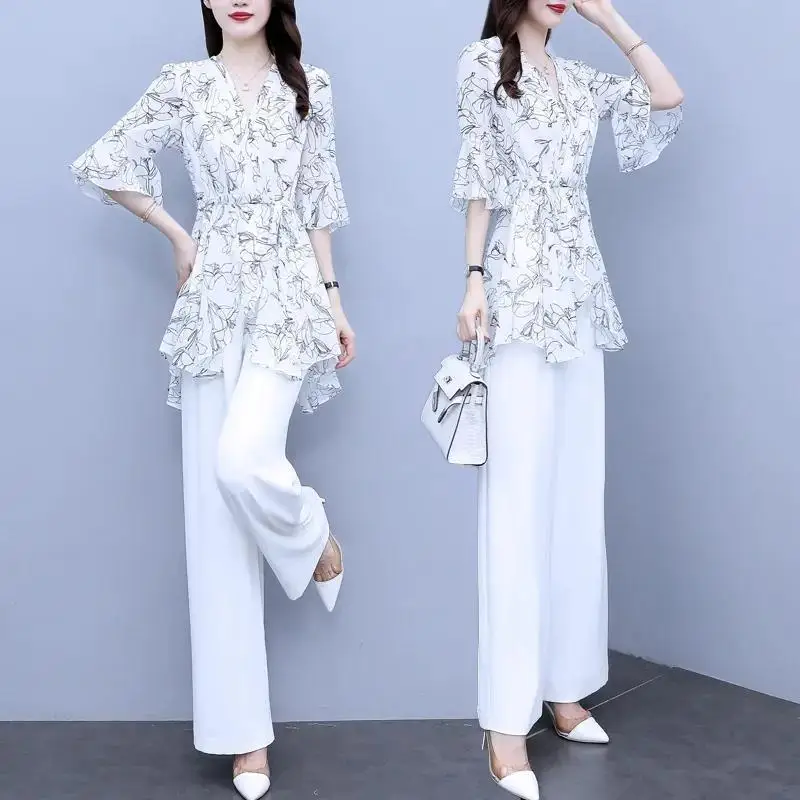 Two Piece Set For Women\'s Summer 2024 New High-End Fashiona Chiffon Beautiful Long T-Shirt And White Pant Suits Female Elegant