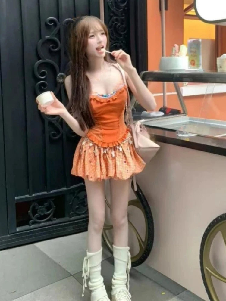 

2000s Sweet 2 Piece Skirt Sets Y2k Sexy Slim Sleeveless Blouse + Mini Skirts Evening Party Clothing Subculture Vintage Suits