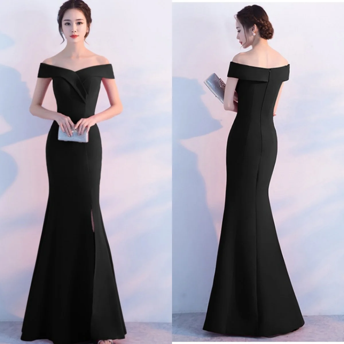 Evening Dresses Black Stretchy Off the Shoulder Zipper Back Mermaid Trumpet Slit Floor Length Women Party Formal Gowns YE006