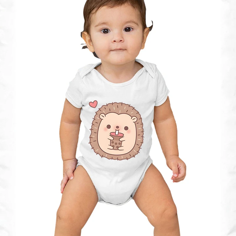 Cotton Baby Girl Boy Jumpsuit Cute Hedgehog Bubble Tea Pattern High Quality Infant Romper Cartoon Animal Style Newborn Bodysuits