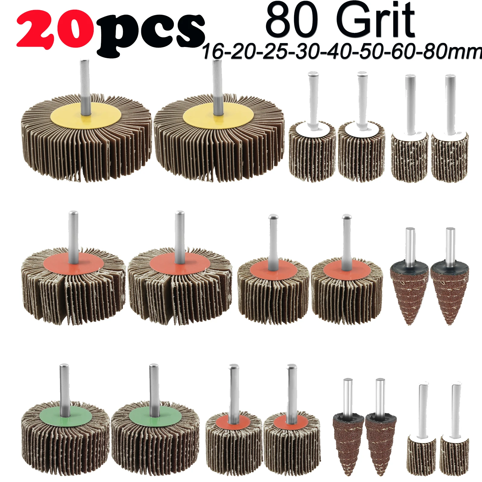 20PCS Abrasive Flap Wheel Sander 80 Grit 1/4 Inch Shank Buffing Sandpaper Flap Wheel Accessories Rotary Tool for Metal Wood Gri