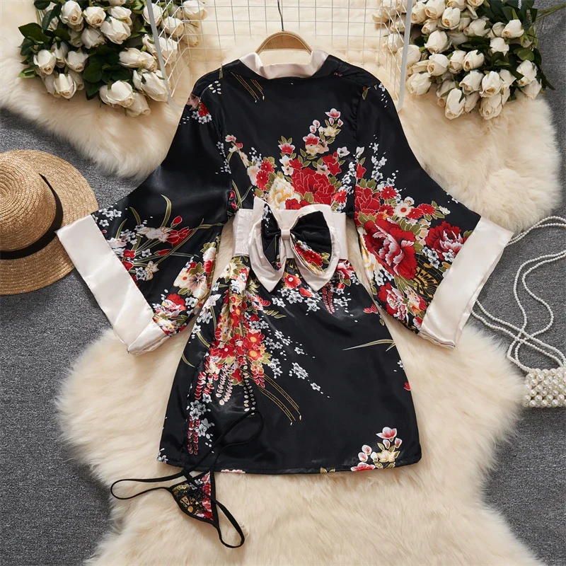 Japanese Kimono Women Bath Robe Sleepwear V-neck Flower Printed Bow Waist Shaping Mini Dress Loose Long Sleeve Night Gown