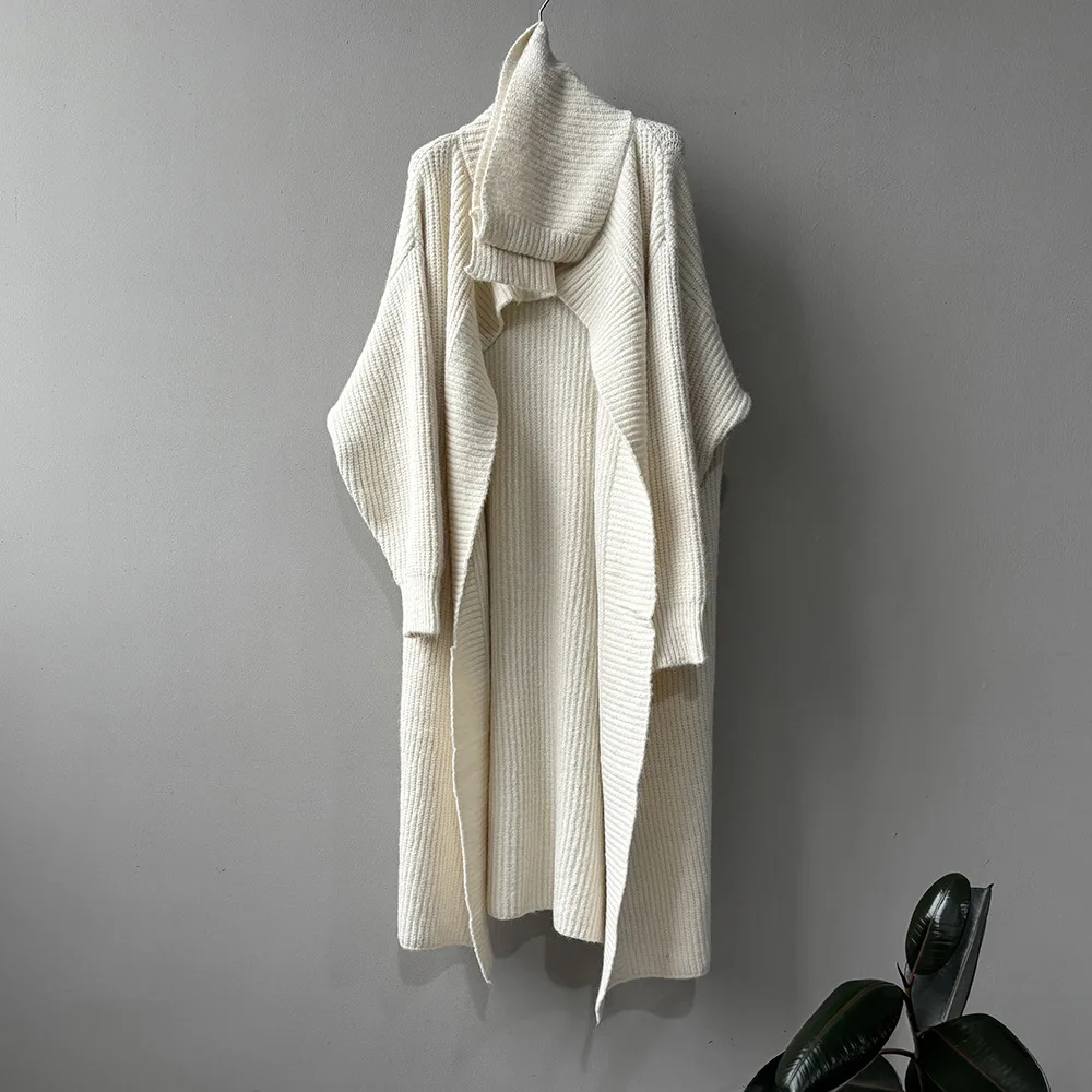 

SuperAen Korean Style Oversize Turn-down Collar Long Knitted Cardigan for Women's 2025 Winter New Loose Solid-color Sweater Coat