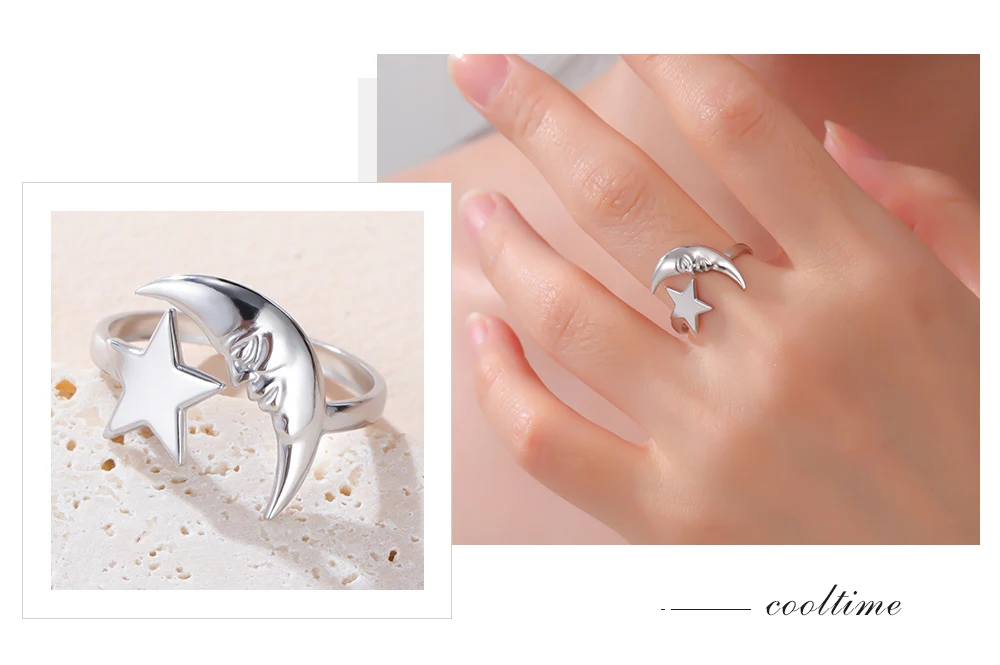 COOLTIME Star Moon Ring for Women Stainless Steel Trendy Minimalist Open Waterproof Ring Jewelry Gift New