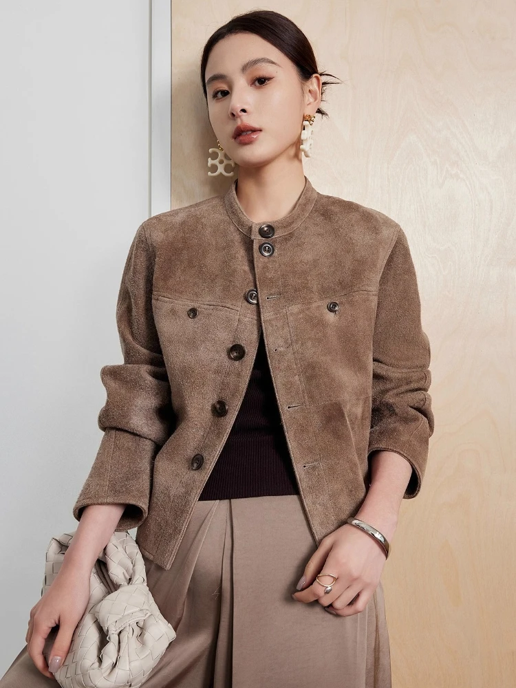 

Casual Short Genuine Leather Jacket for Women Spring Autumn 2026 New High-end Simple Stand Collar Slim Real Sheepskin Suede Coat