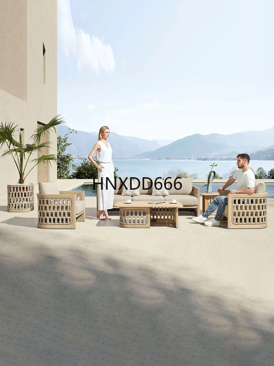 Sofá de exterior, mesa de centro de ratán con patio de teca