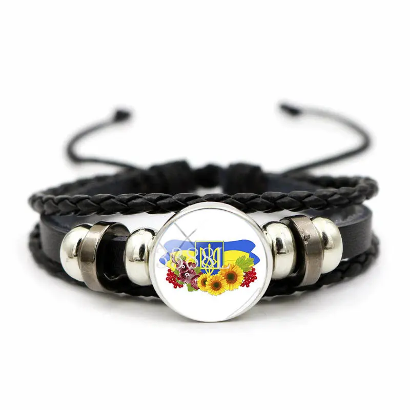 Popular Jewelry Glass Pendant Decorative Leather Bracelet Ukrainian Trident Tryzub Yellow Blue Flag - view 5