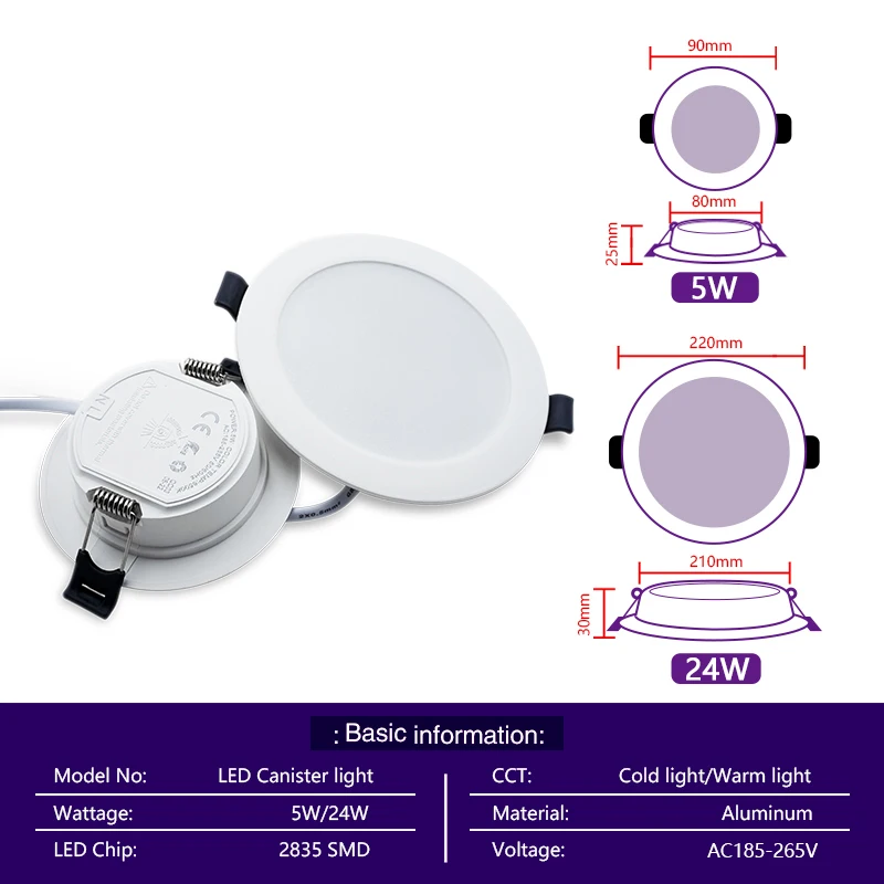 1-2pcs Recessed LED Downlight Round Ceiling Lamp 5W 24W AC 185-265V Cold White High Brightness Indoor Lighting For Home Office