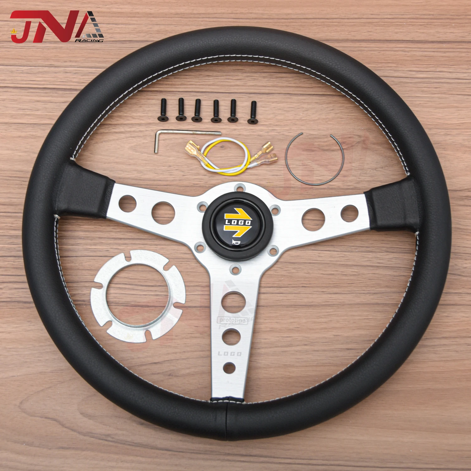 14Inch MOMO Motorsport Prototipo Steering Wheel Black Leather Grip Black Anodized Spoke White Stitching 350MM For VW BMW Toyota