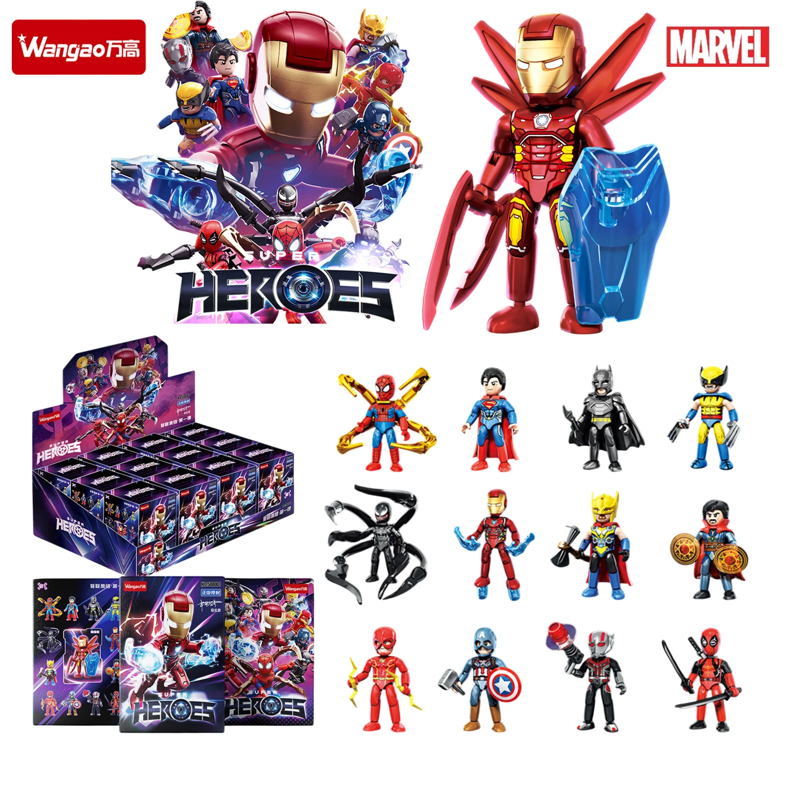 Marvel Wangao 1/12pcs Avengers Blind Box Iron Man Spider-Man Wolverine Superman Building Block Model Children'sAssembling Gifts