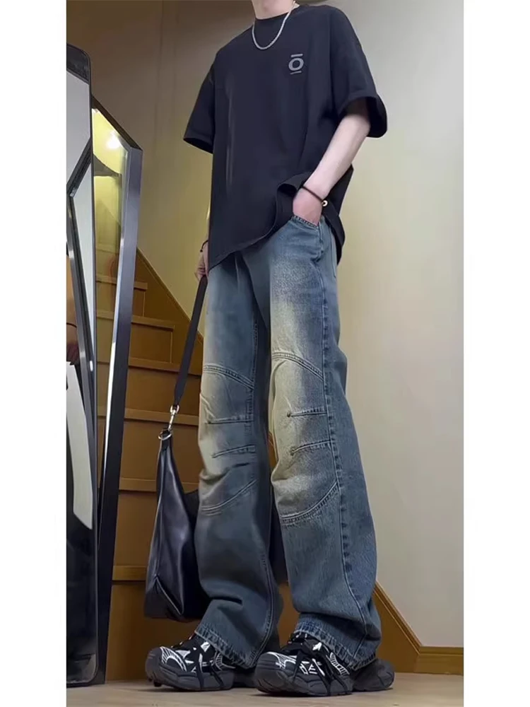 

Waed Pleated American High Street Jeans Men's Faion High-End Feelings Straight Leg Pants Youthful ular Teenager Wear