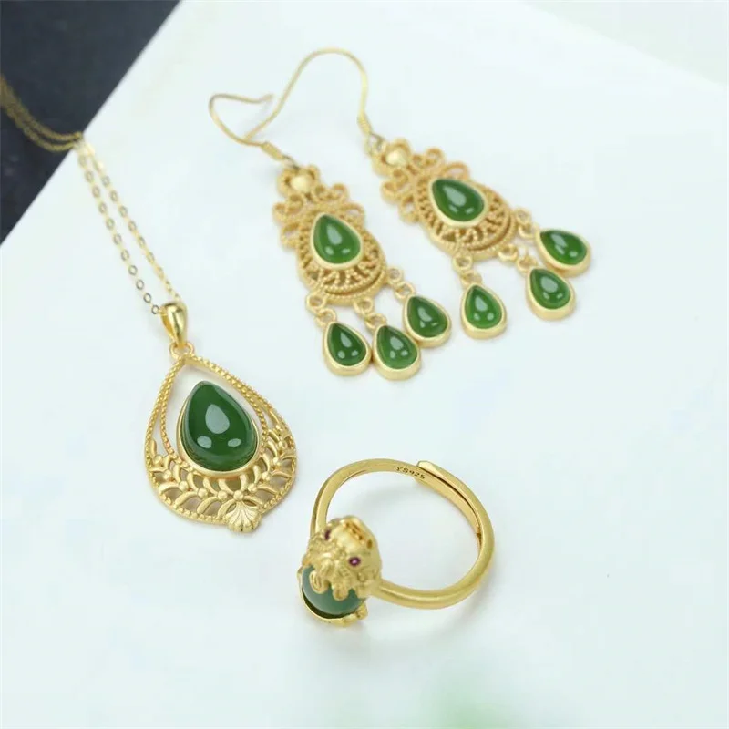 Hot Selling Natural Hand-carved Jade Inlaid 925silver Gufajin Hetian Jasper Three-piece Set Fashion Jewelry Women Luck Gifts1