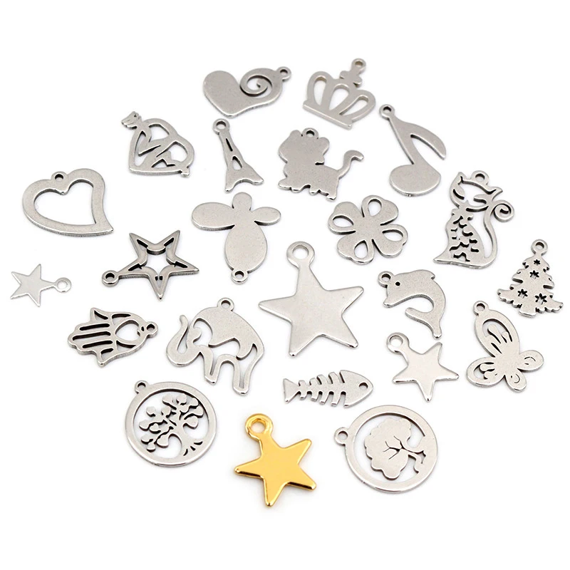 30pc/lot 316 Stainless Steel Five-pointed Star Cute Necklace Pendant Charms Small Cat Dolphin Fish Charms for DIY Jewelry Making